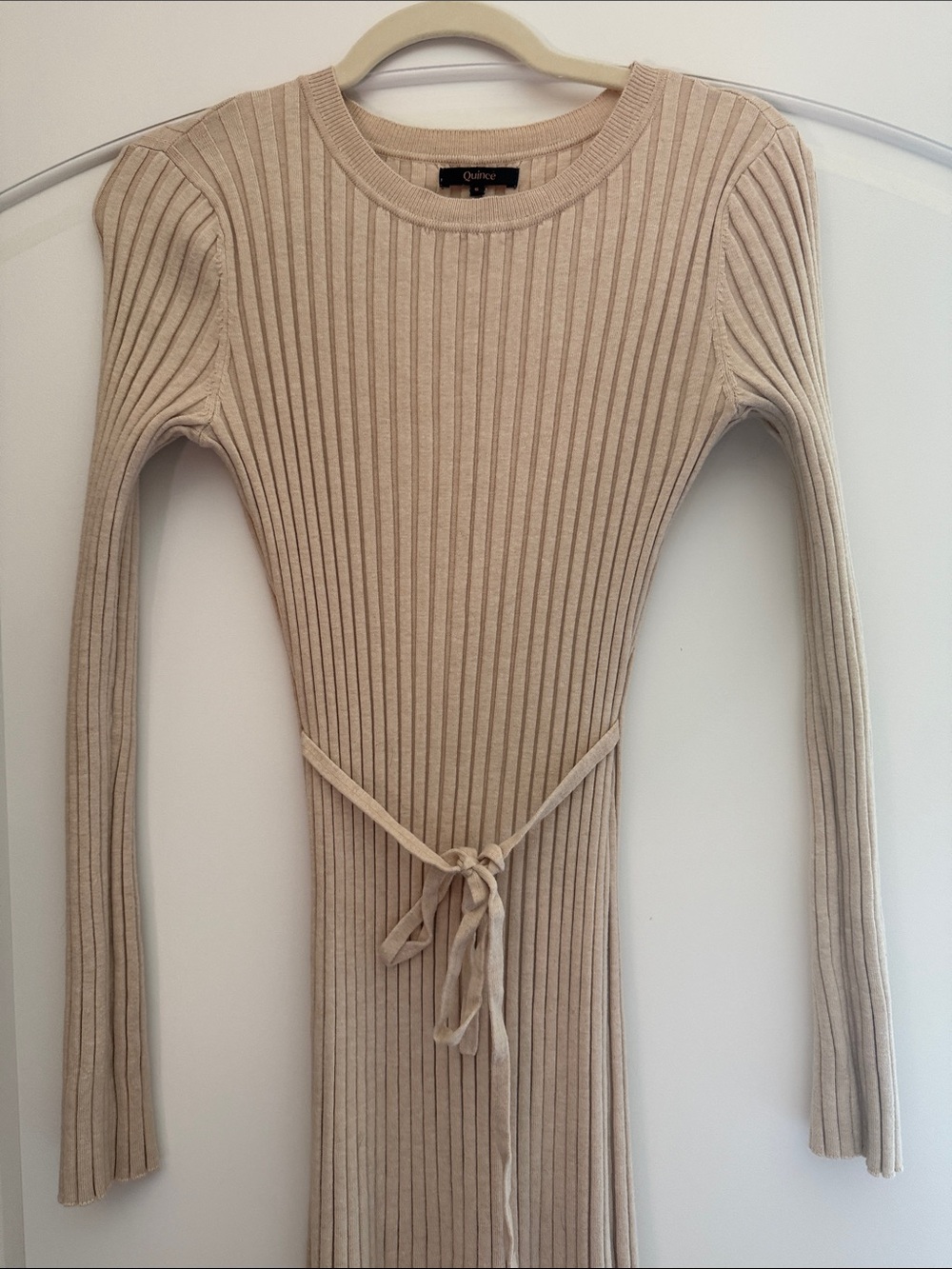 Quince Ribbed Tie-Waist Sweater Dress in Light Beige